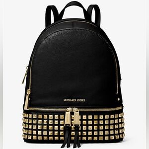 MICHAEL KORS Rhea Medium Black Studded Pebbled Leather Gold Details Backpack